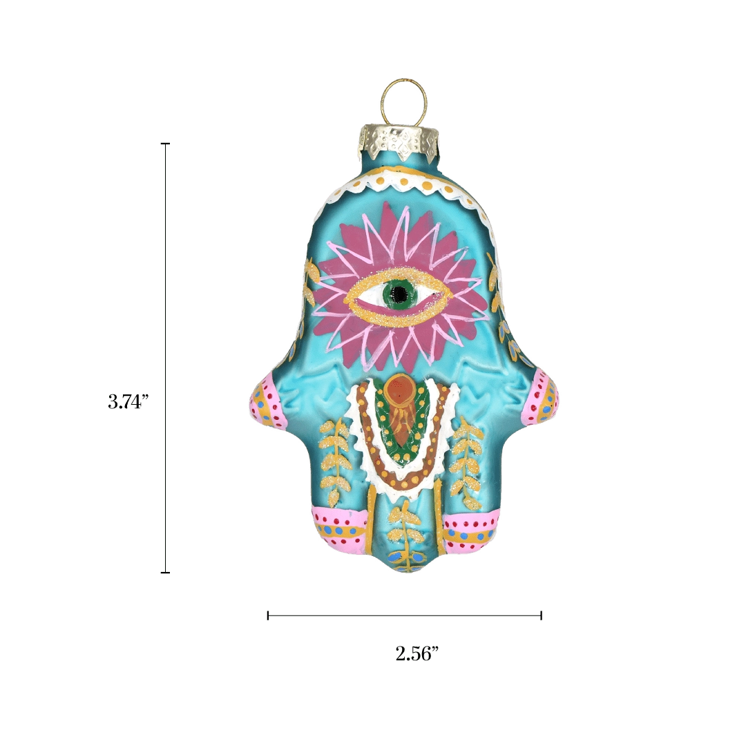 Chive glass hamsa hand ornament with a dimension diagram showing its palm-sized scale.