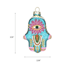 Chive glass hamsa hand ornament with a dimension diagram showing its palm-sized scale.