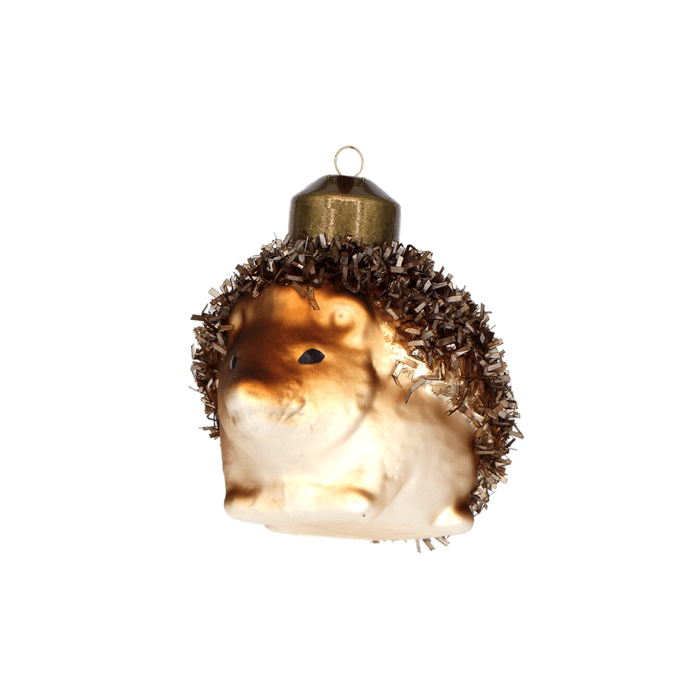 Chive glass hedgehog ornament in cream and brown with a tinsel spike border.