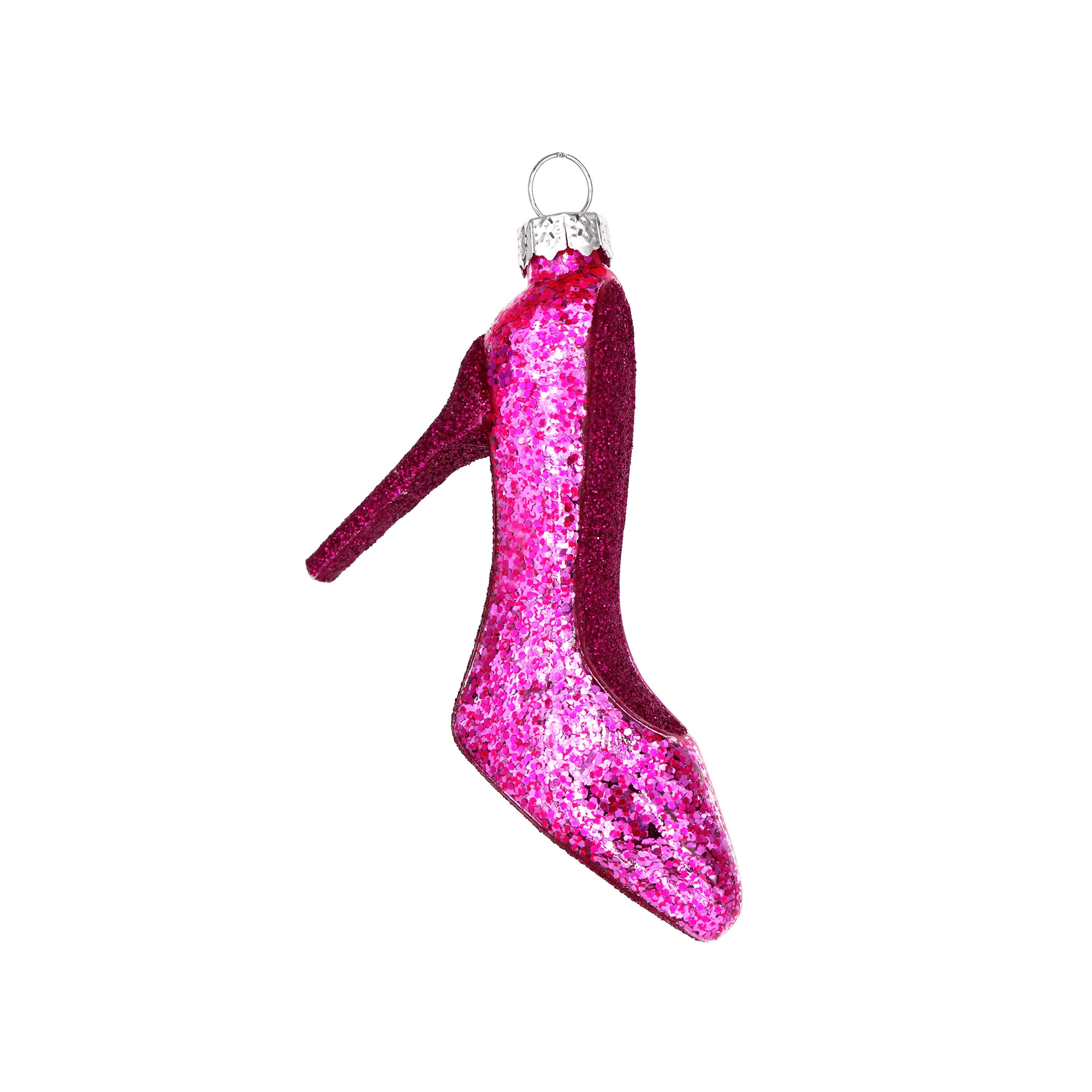 Chive glass high heel ornament covered in pink and magenta glitter.