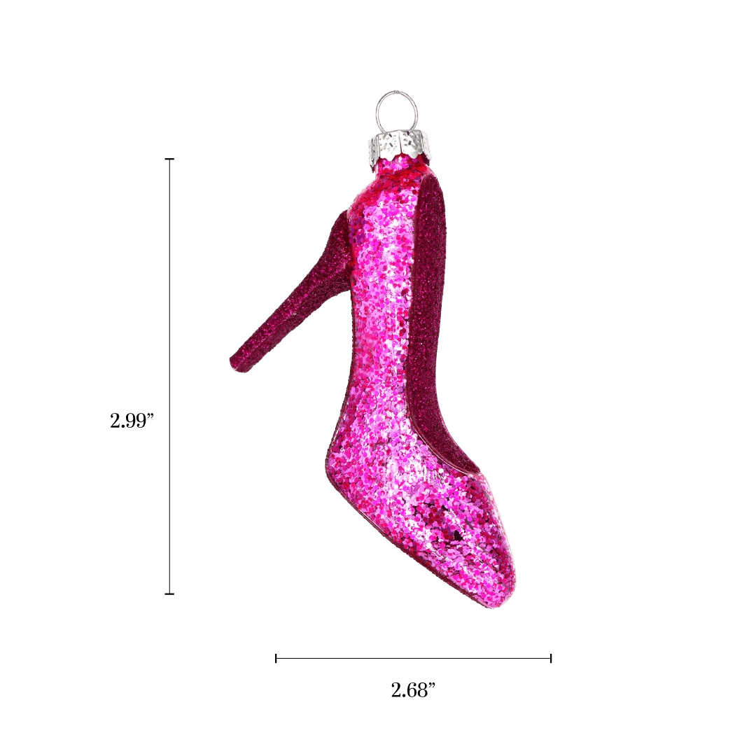 Chive glass high heel ornament with a dimension diagram showing its pointed toe shape.