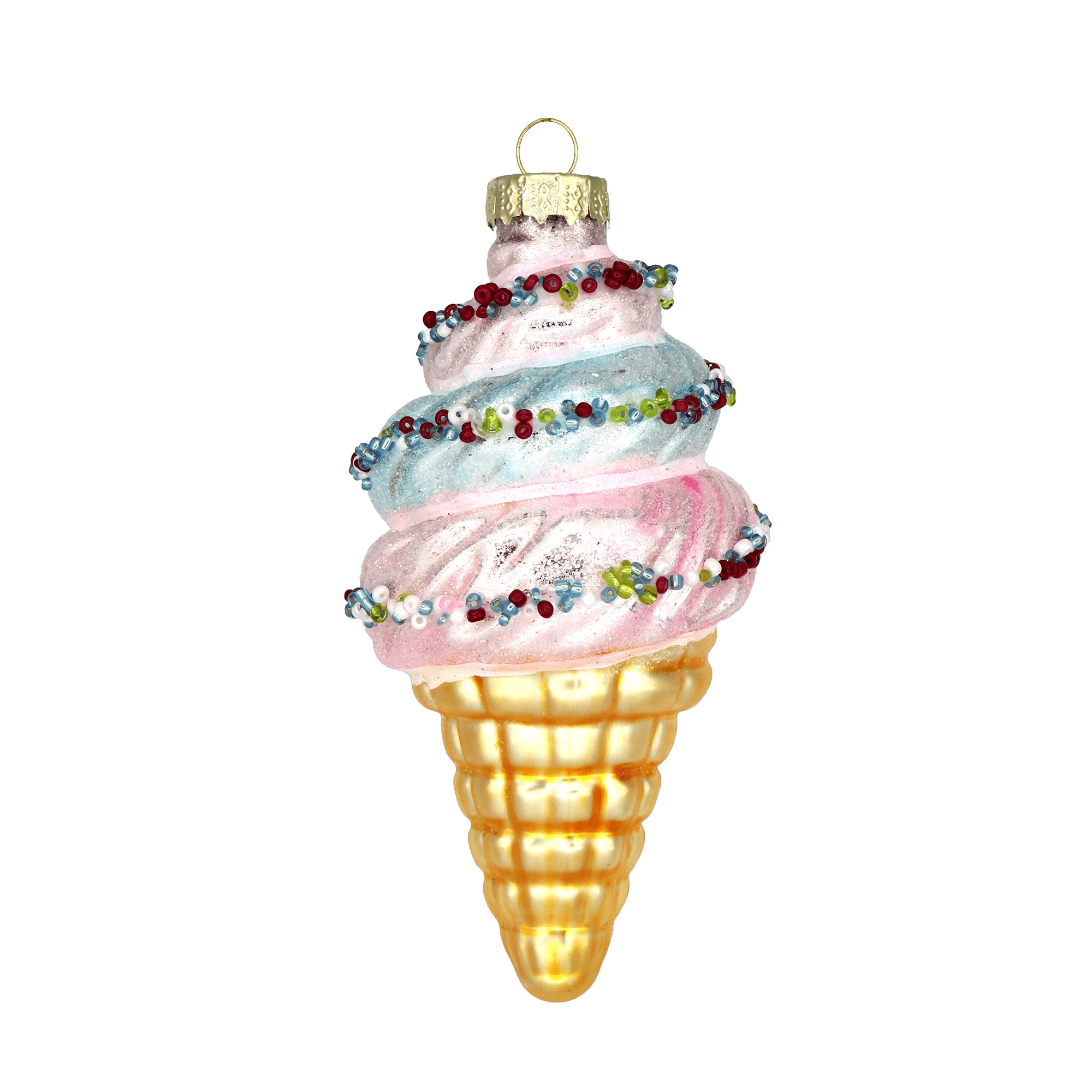 Chive glass ice cream cone ornament with swirled pink and blue scoops and beaded trim.