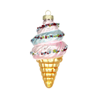 Chive glass ice cream cone ornament with swirled pink and blue scoops and beaded trim.