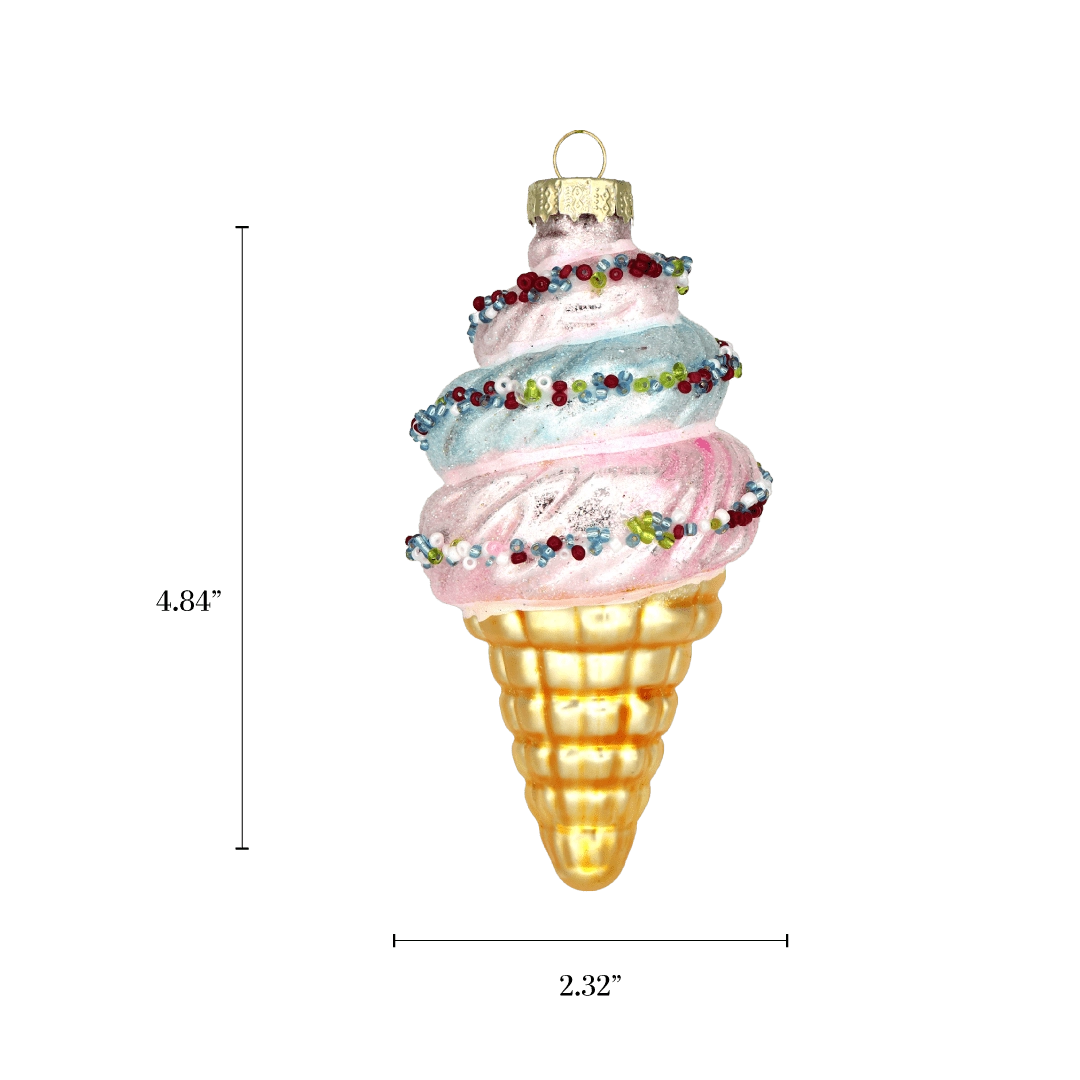 Chive glass ice cream cone ornament with a dimension diagram showing its tall swirl shape.