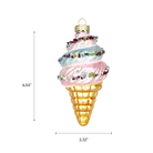 Chive glass ice cream cone ornament with a dimension diagram showing its tall swirl shape.