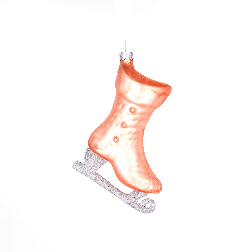 Chive glass ice skate ornament in blush pink with a glittered silver blade.