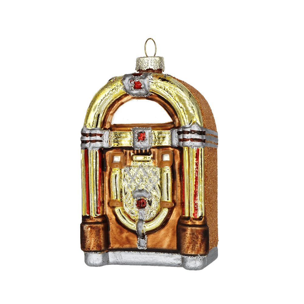 Chive glass jukebox ornament in gold with a glittered brown side panel and red gem accents.