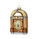 Chive glass jukebox ornament in gold with a glittered brown side panel and red gem accents.