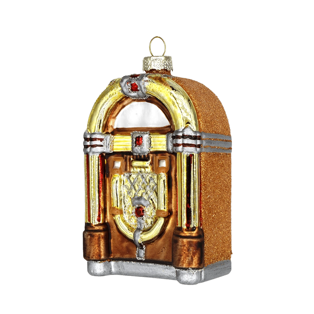 Chive glass jukebox ornament shown at an angle highlighting its curved glitter top.