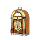 Chive glass jukebox ornament shown at an angle highlighting its curved glitter top.