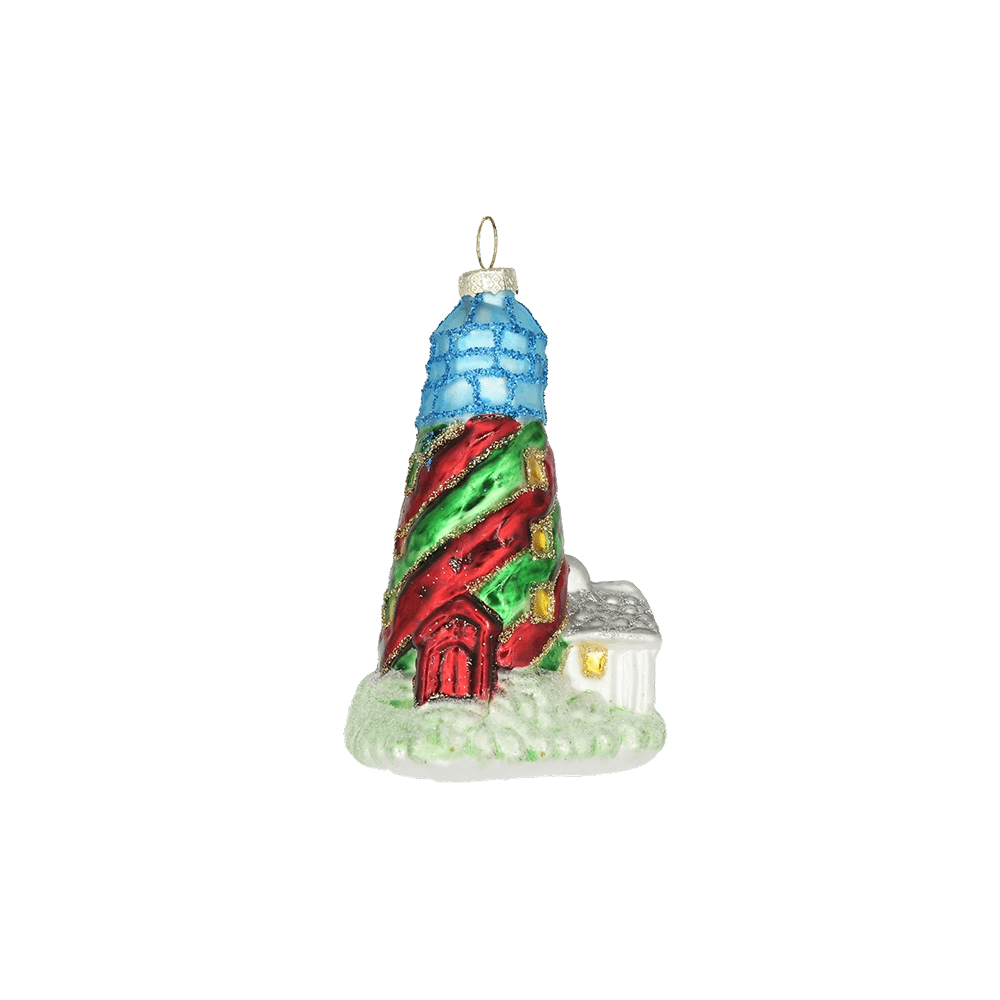 Chive glass lighthouse ornament with red and green spiral stripes and a blue glass lantern room.