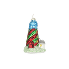 Chive glass lighthouse ornament with red and green spiral stripes and a blue glass lantern room.