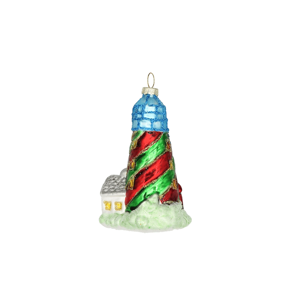Chive glass lighthouse ornament shown at an angle beside its attached keeper's cottage.
