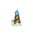 Chive glass lighthouse ornament shown at an angle beside its attached keeper's cottage.