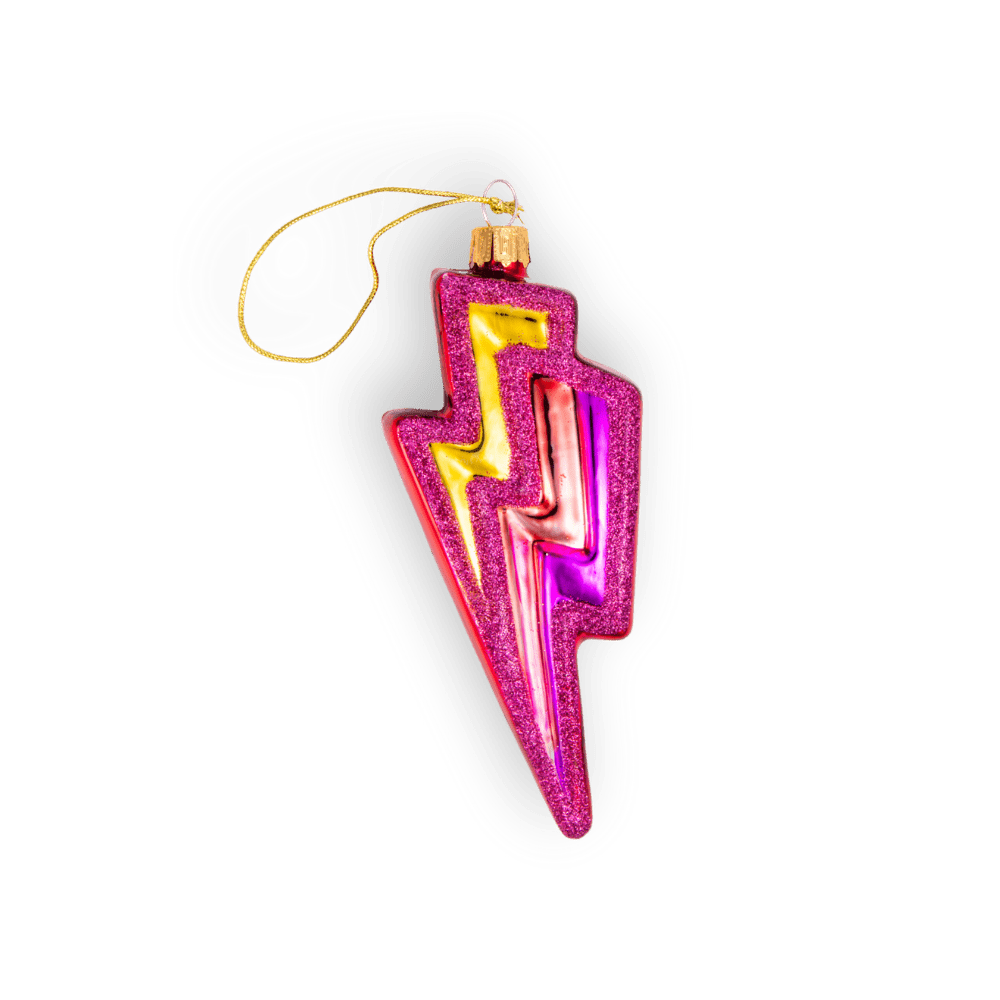 Chive glass lightning bolt ornament in magenta glitter with a bold color streak.