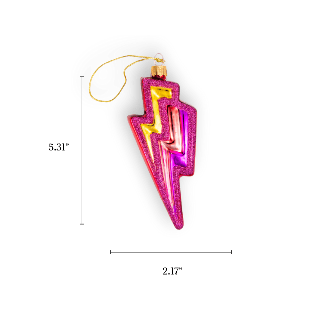 Chive glass lightning bolt ornament in pink glitter with a rainbow inlay.