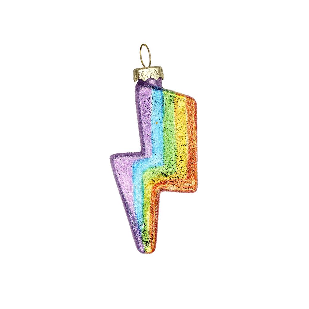 Chive glass lightning bolt ornament with a glittered rainbow gradient finish.
