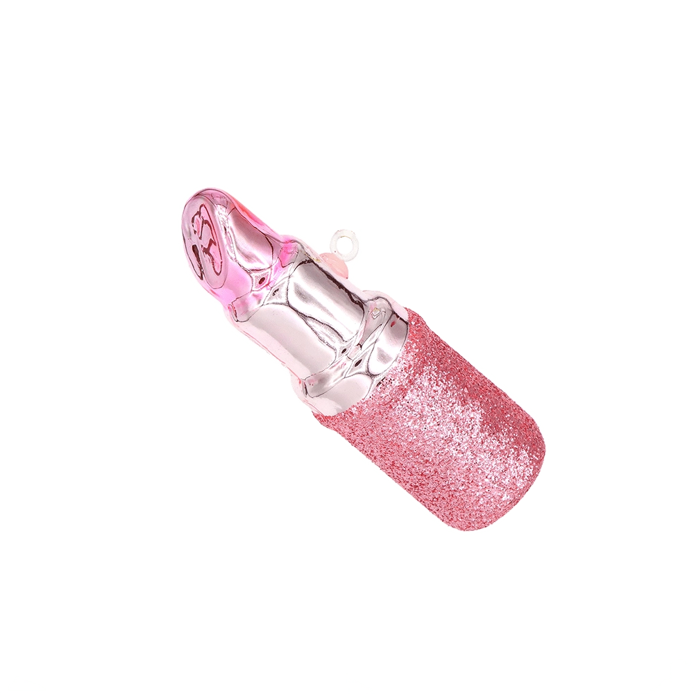 Chive glass lipstick ornament with a glittered pink base and silver metallic tube.