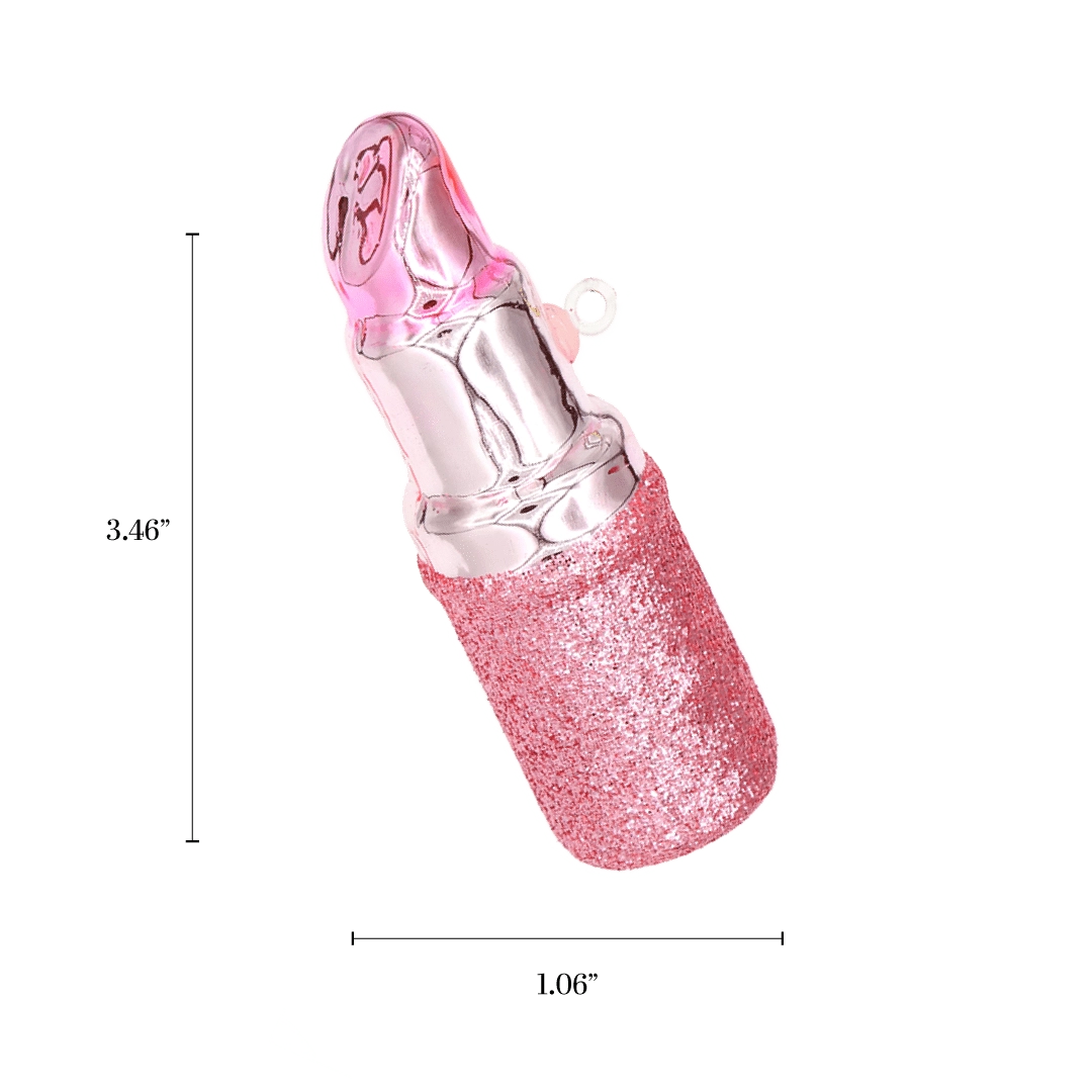 Chive glass lipstick ornament with a dimension diagram showing its slim tube shape.
