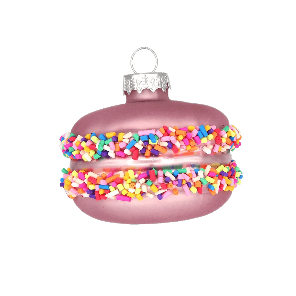 Chive glass macaron ornament in pink with a colorful sprinkle-covered filling.