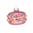 Chive glass macaron ornament in pink with a colorful sprinkle-covered filling.