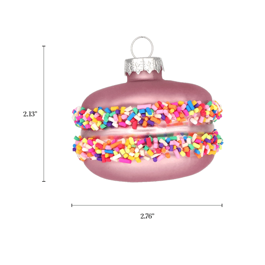 Chive glass macaron ornament with a dimension diagram showing its small round shape.