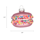 Chive glass macaron ornament with a dimension diagram showing its small round shape.
