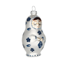 Chive glass matryoshka doll ornament in white with navy floral folk art detail.