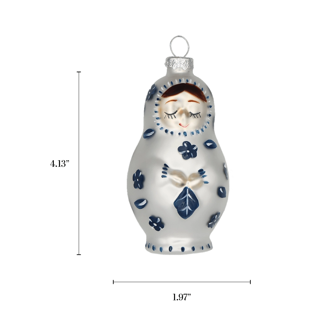 Chive glass matryoshka doll ornament with a dimension diagram showing its rounded size.