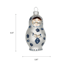 Chive glass matryoshka doll ornament with a dimension diagram showing its rounded size.