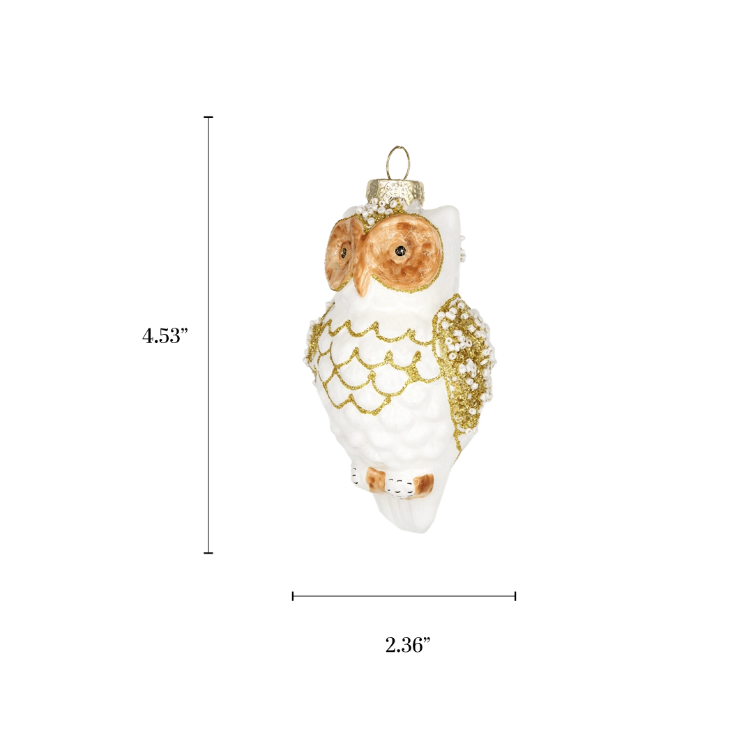 Chive glass owl ornament in white with a gold glitter belly pattern and amber eyes.