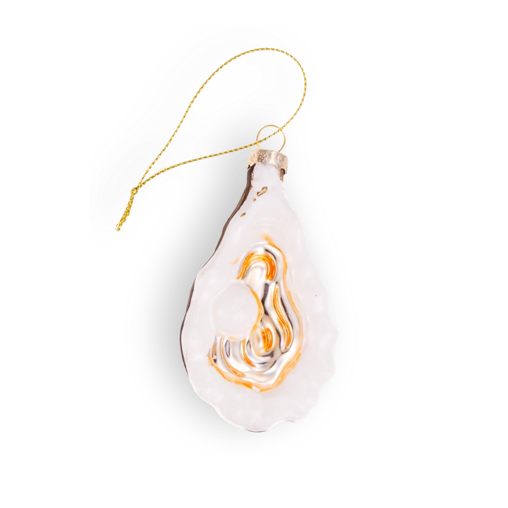 Chive glass oyster ornament in white with a ruffled scalloped edge.