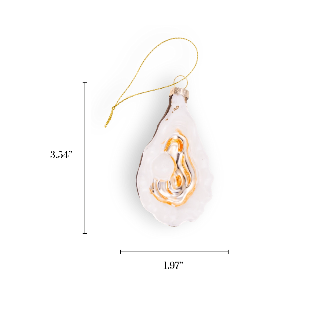 Chive glass oyster ornament in white with a golden pearl-like center.