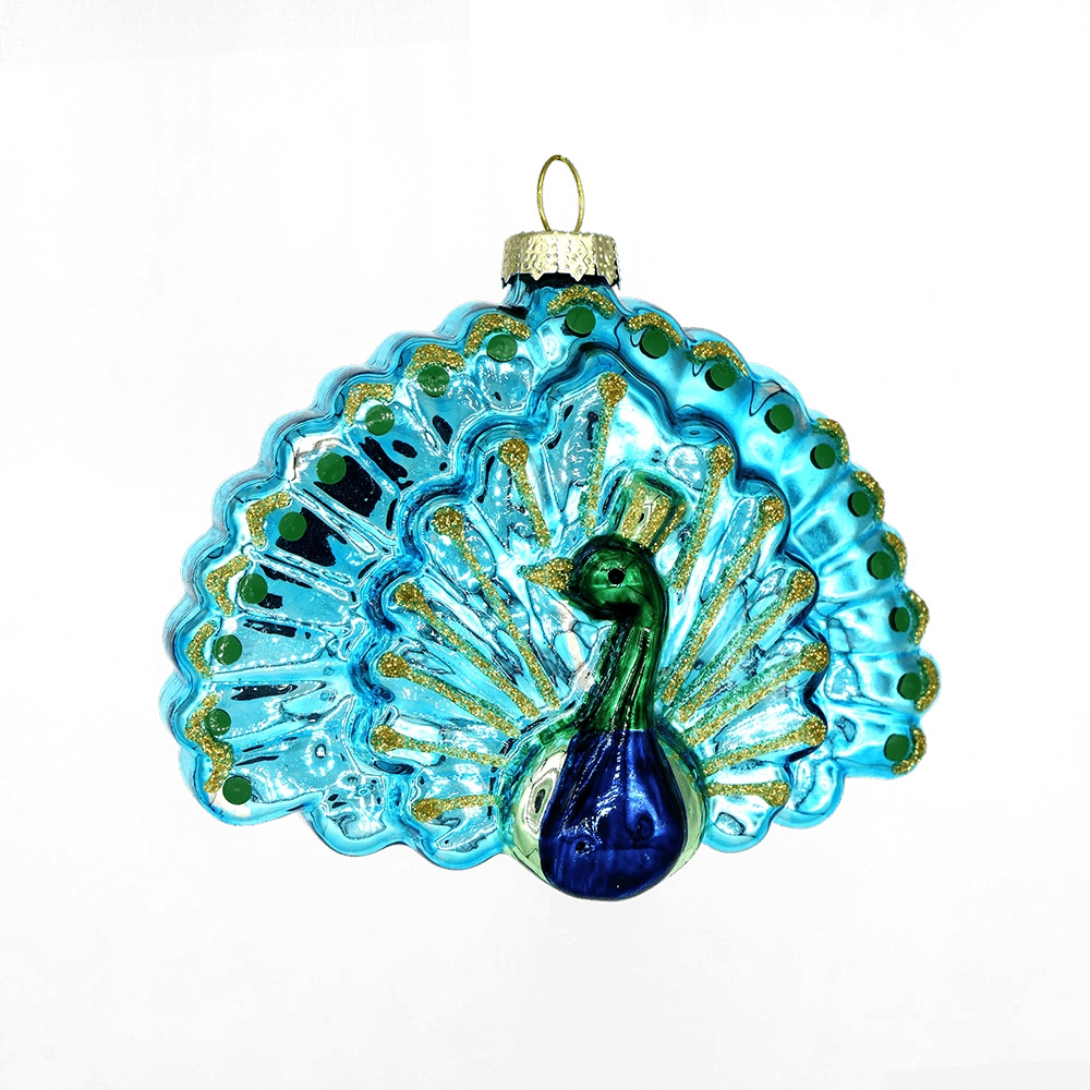 Chive glass peacock ornament with a fanned turquoise tail and glittered feather eyes.