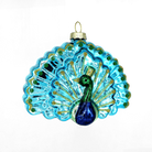 Chive glass peacock ornament with a fanned turquoise tail and glittered feather eyes.