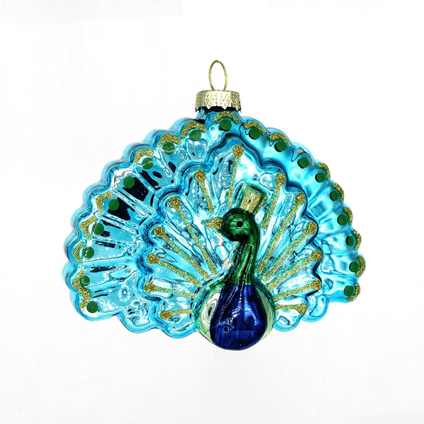 Chive glass peacock ornament with a fanned turquoise tail and glittered feather eyes.