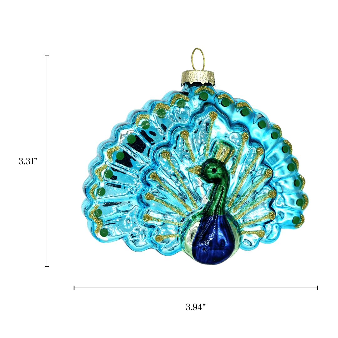 Chive glass peacock ornament with a dimension diagram showing its wide fanned shape.