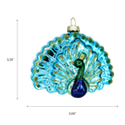 Chive glass peacock ornament with a dimension diagram showing its wide fanned shape.