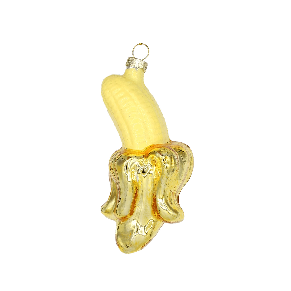 Chive glass peeled banana ornament with glossy yellow finish and curled peel detail.