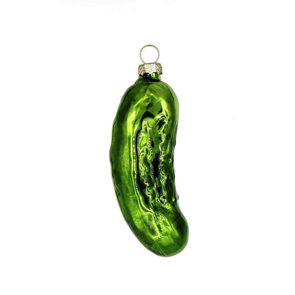 Chive glass pickle ornament in glossy green with textured seed and skin detail.