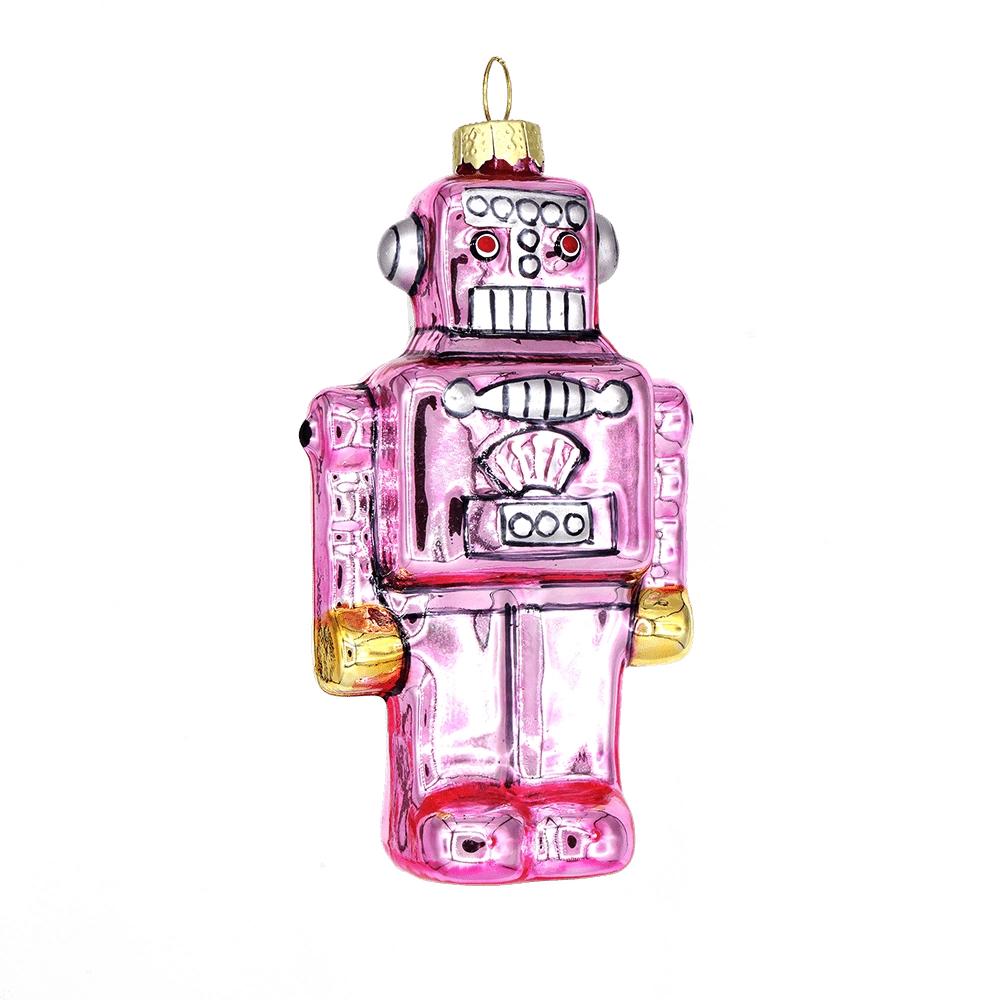 Chive glass robot ornament in pink with red eyes and gold accented arms.