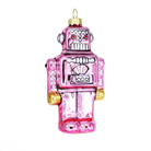 Chive glass robot ornament in pink with red eyes and gold accented arms.