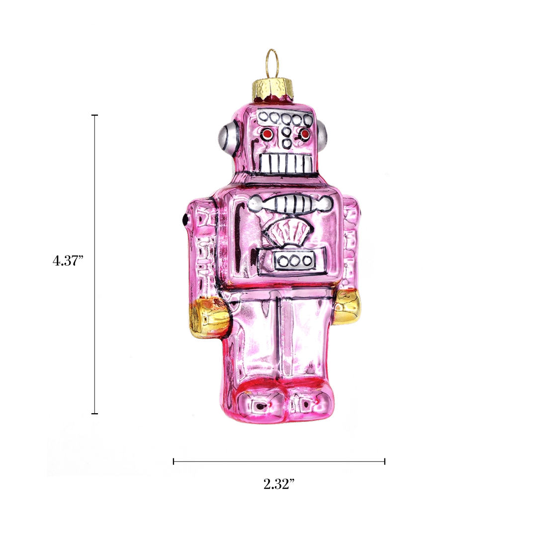 Chive glass robot ornament in pink with a dimension diagram showing its tall boxy shape.