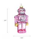 Chive glass robot ornament in pink with a dimension diagram showing its tall boxy shape.