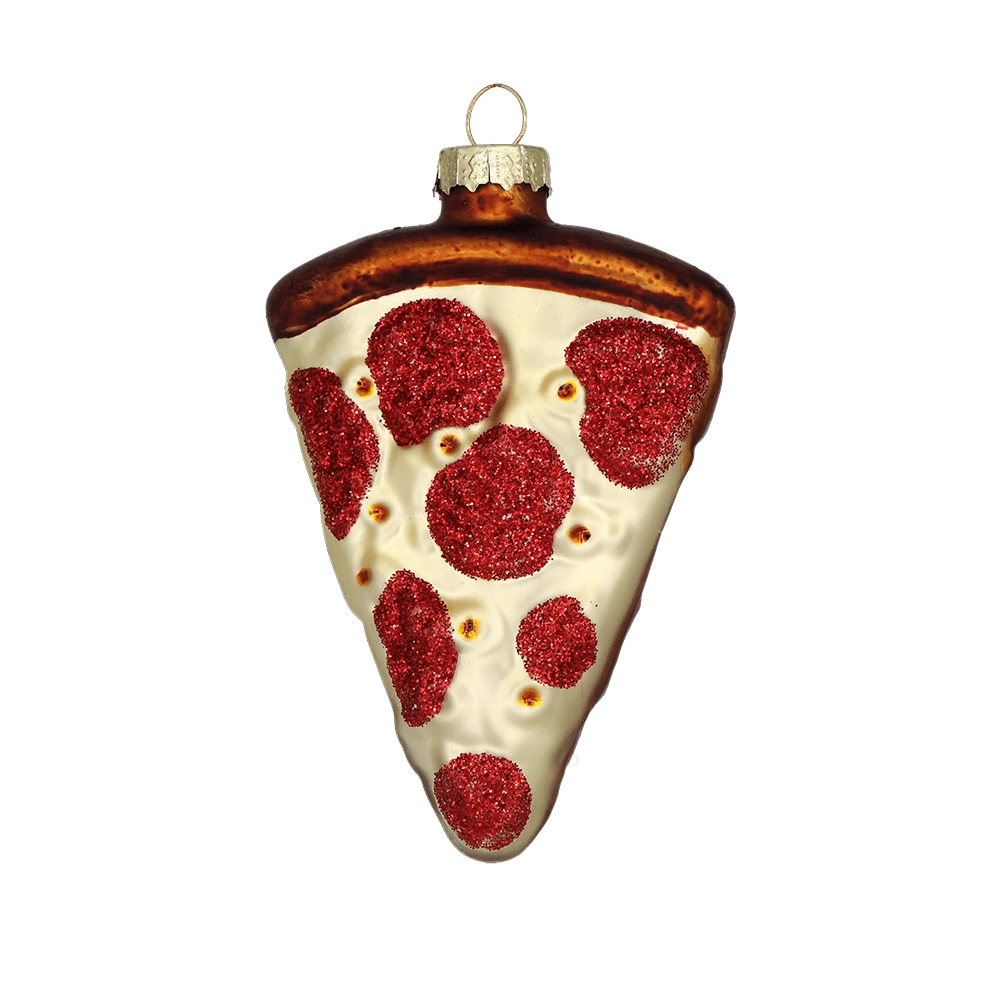 Chive glass pizza slice ornament with glittered pepperoni and a browned crust edge.