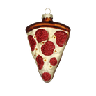 Chive glass pizza slice ornament with glittered pepperoni and a browned crust edge.
