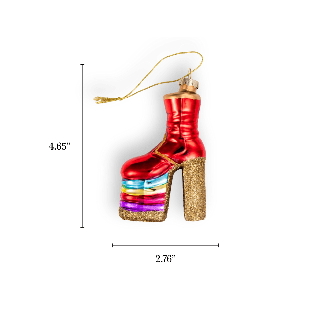 Chive glass platform boot ornament in red with a rainbow glitter sole.