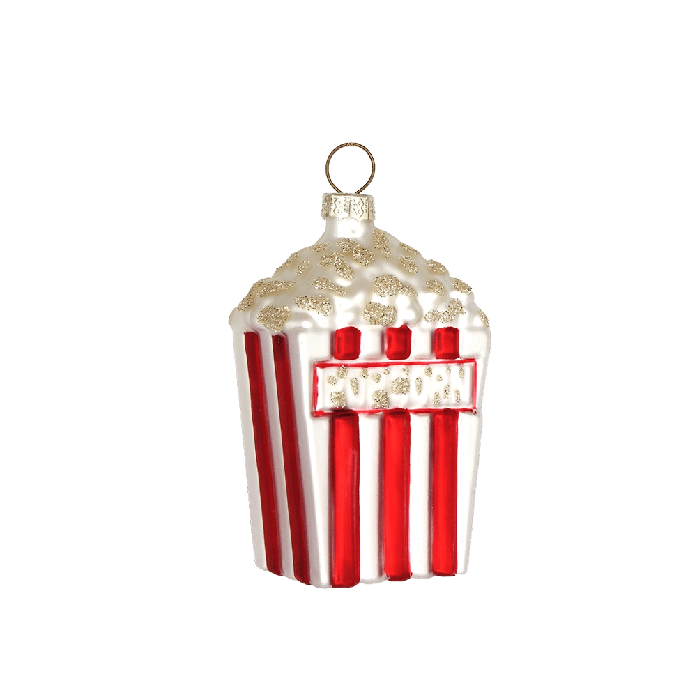 Chive glass popcorn box ornament in red and white stripes with glittered kernel texture.