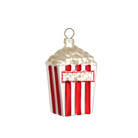Chive glass popcorn box ornament in red and white stripes with glittered kernel texture.