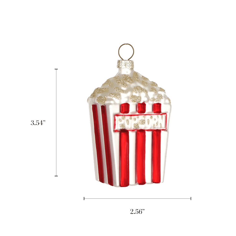 Chive glass popcorn box ornament with a dimension diagram showing its classic tub shape.